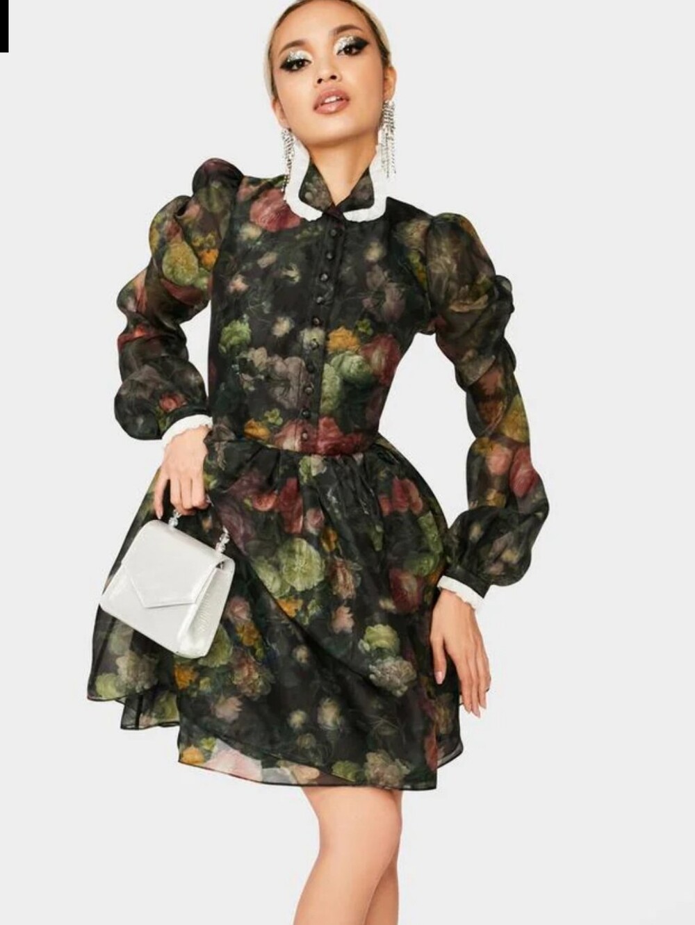 Selkie Kiki Black Sheer Floral Puff-Sleeve Mini Dress - Picture 3 of 7
